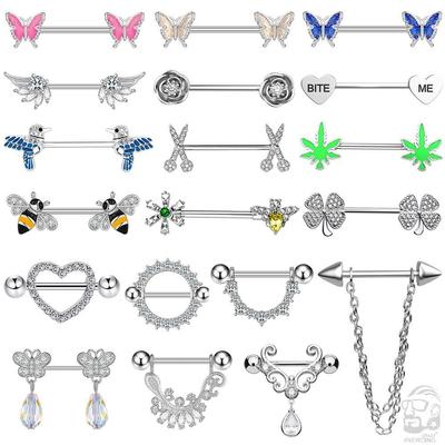2pcs Cute Nipple Piercings Barbell Stainless Steel Crystal N
