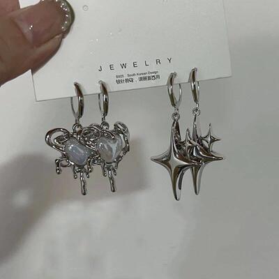 Simple Silver Color Star Earrings for Women Opal Stone Heart