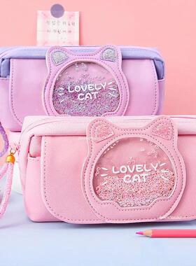 Quicksand Cat Pencil Case Cute Pencil Bag Three Layers Big