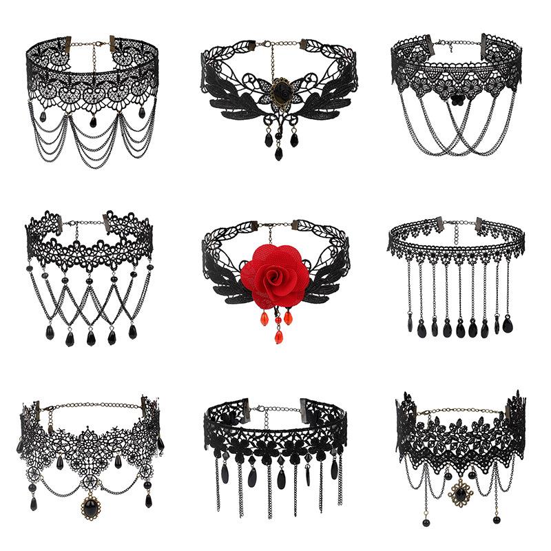 Gothic Chokers Black Beaded Flowers Sexy Lace Neck