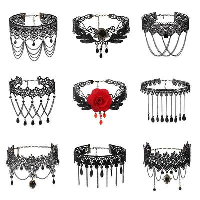 Gothic Chokers Black Beaded Flowers Sexy Lace Neck