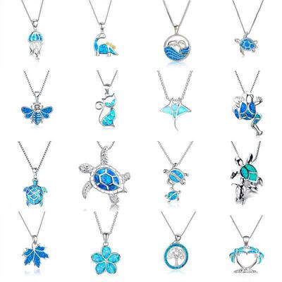 Bohemia Blue Imitation Opal Cute Jellyfish Pendant Necklace