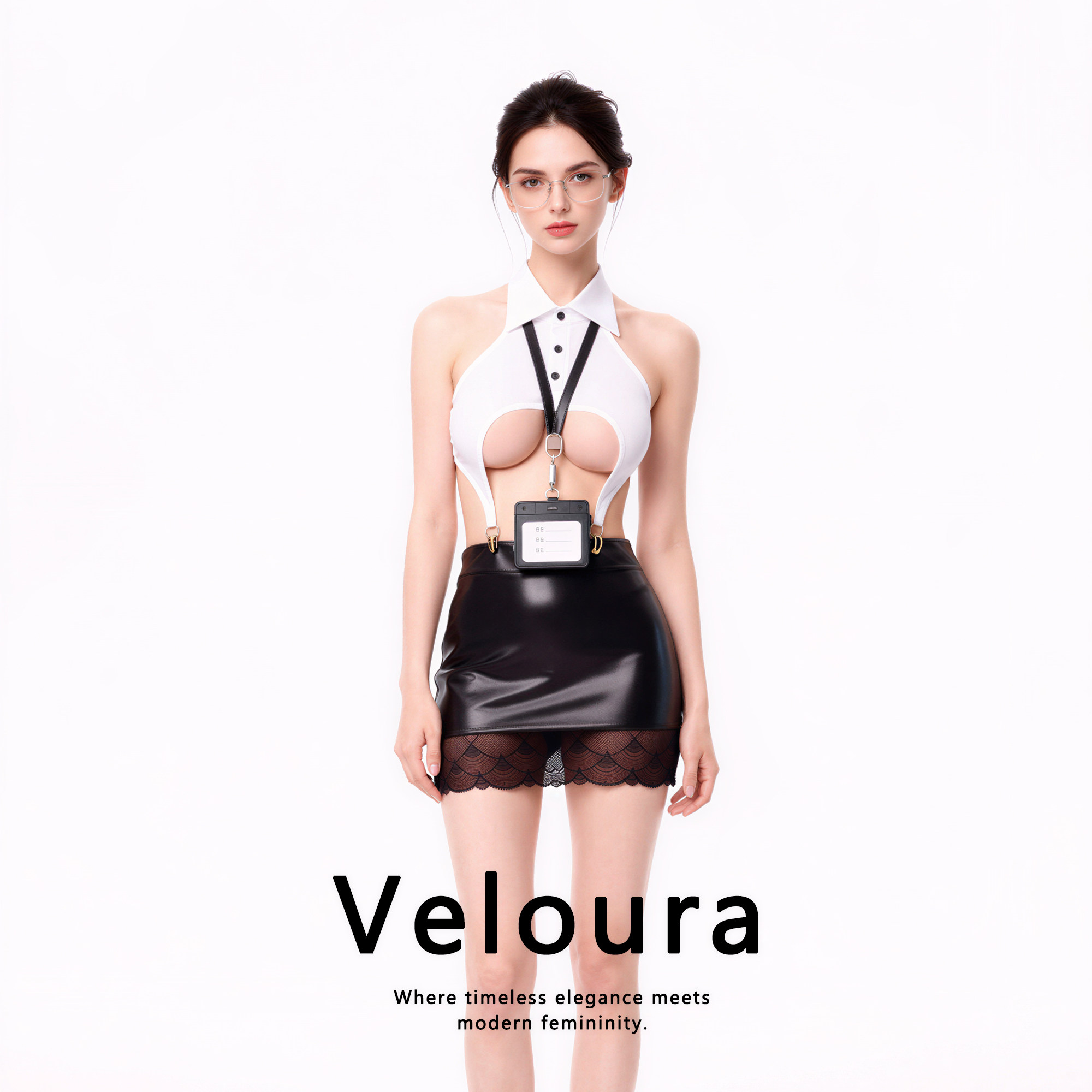 法国 Veloura 妖而不俗*性感OL秘书制服套装女镂空蕾丝皮角色扮演