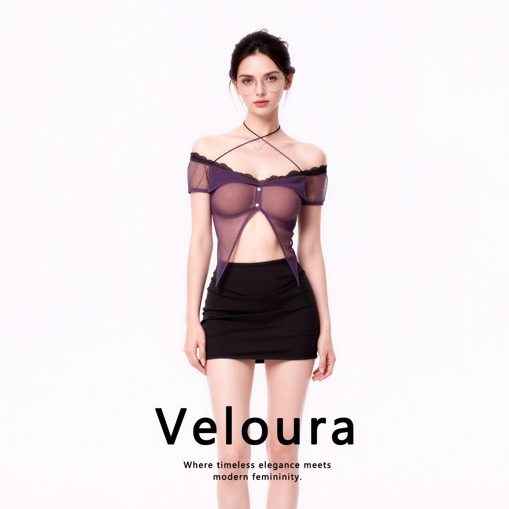 法国 Veloura 眼漾春光*性感网纱睡裙女镂空情侣约会情调制服套装
