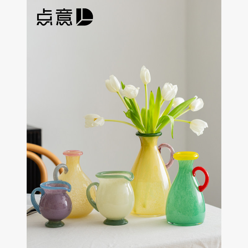 速发提手小奶壶花瓶多变胺渐巴色彩色撞色小口琉璃风单耳摆件