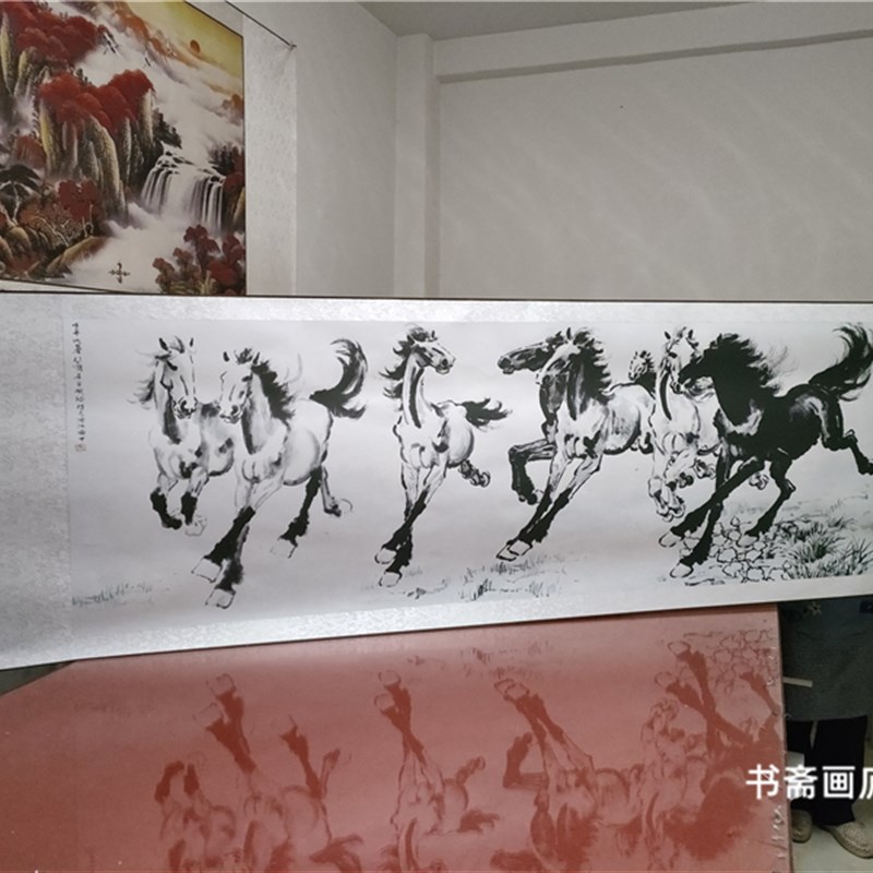 速发徐悲鸿八骏图马到成功横幅卷轴画客厅办公室横幅挂画字画国画