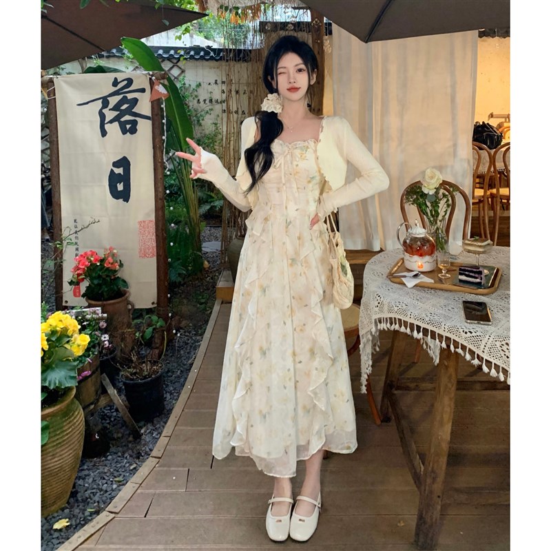 速发花柔带碎温连衣裙夏装绝美收腰吊风裙大码超仙森系荷叶边裙