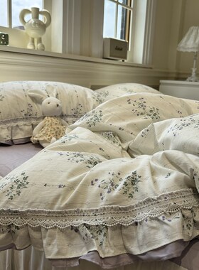 速发森系紫色碎花床主花边条纹床裙四件套全棉.15m1.8三件式公组