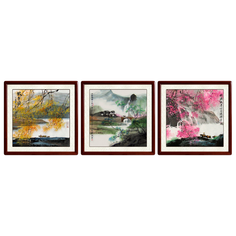 速发画得堂国画牧牛图三联画客厅沙发背景墙挂尚餐厅福禄寿斗方装