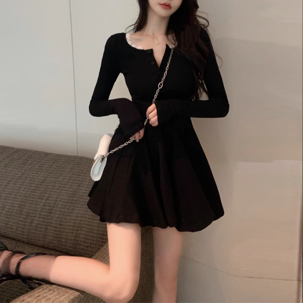 速发黑色裙个子显高短款a字连衣小超好看收本赫腰甜辣设计裙子春