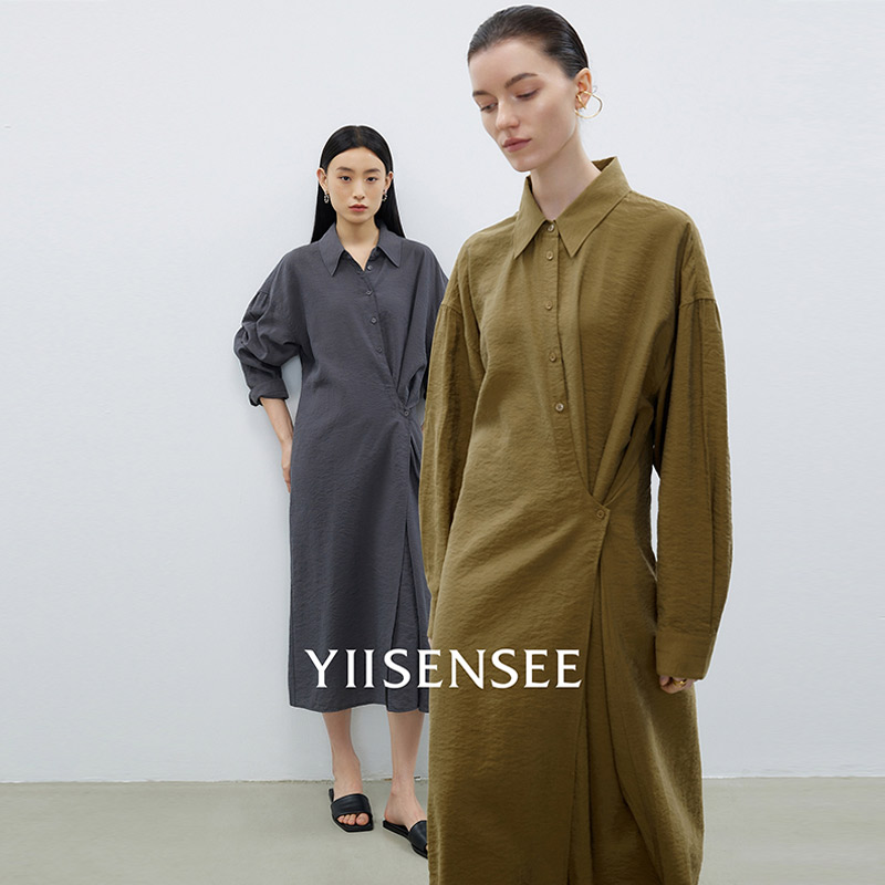 YIISENSEE逸识 真丝斜扣衬衫连衣裙女老钱风高级感小众设计长裙子