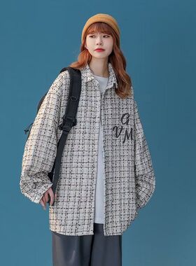 2025新款AHCN美式小香风刺绣外套宽松百搭休闲衬衫街头国潮编制格