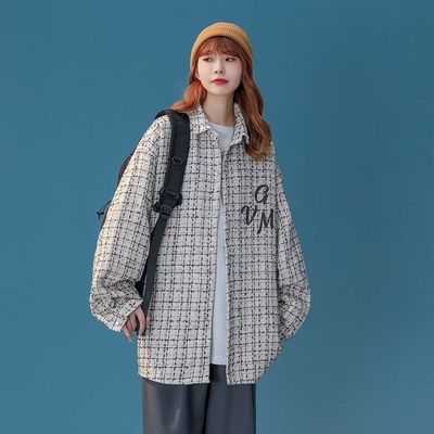 2025新款AHCN美式小香风刺绣外套宽松百搭休闲衬衫街头国潮编制格