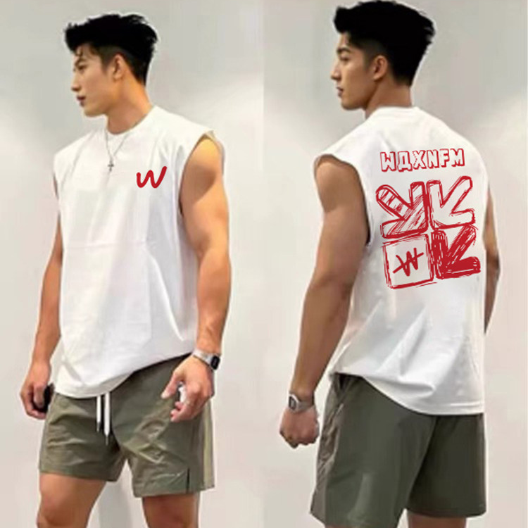 港风复古英文印花纯棉坎肩背心男士美式街头潮牌外穿运动无袖上衣