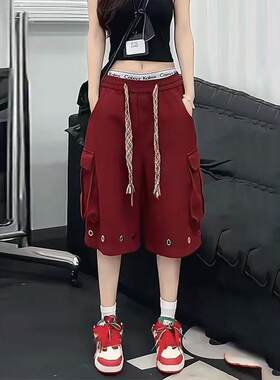 2025新款彩色编织抽绳工装短裤男款夏季设计感阔腿七分裤子直筒宽