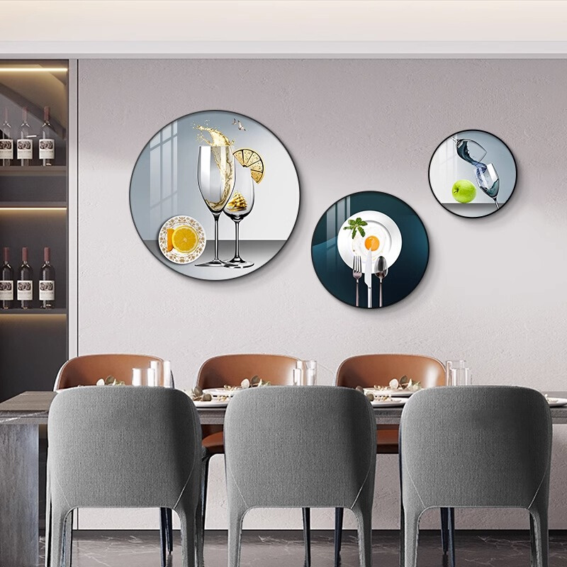 现代简约餐厅装饰画创意酒杯饭厅餐桌背景墙壁画玄关挂画圆形三联图片