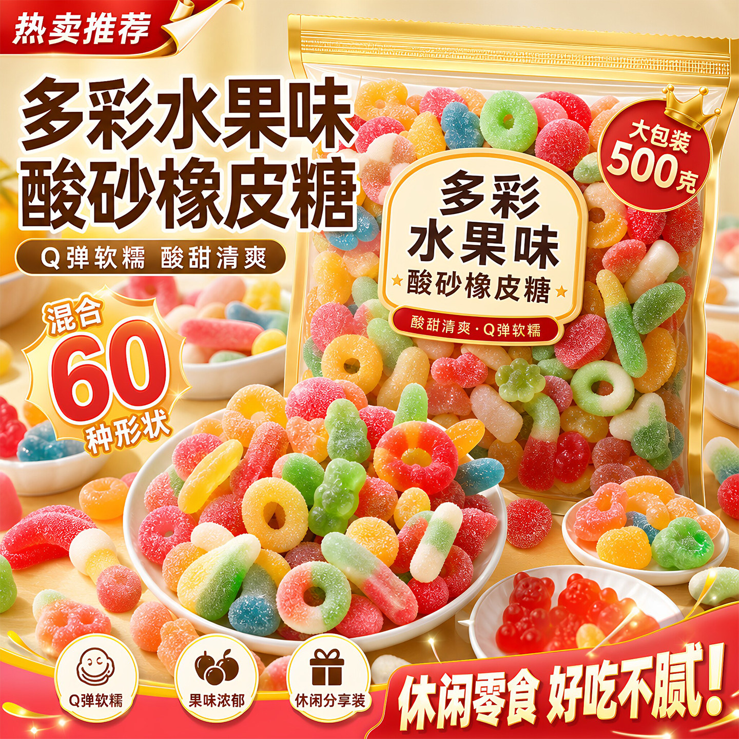 酸砂爆浆涂油水果味Q弹橡皮糖