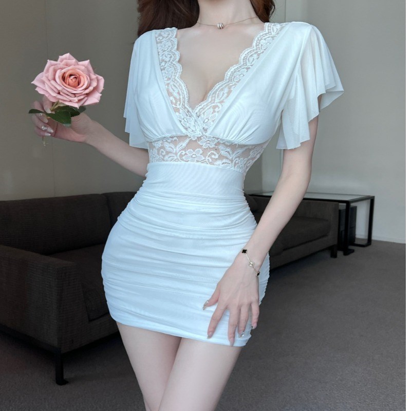 速发名媛性感蕾丝V领酒吧夜店辣妹飞飞袖包臀打底连衣裙2025新款