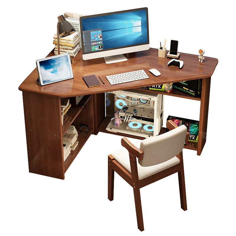 速发书桌成年人实木转角桌子墙角桌拐角电脑桌带书柜学生家用学习