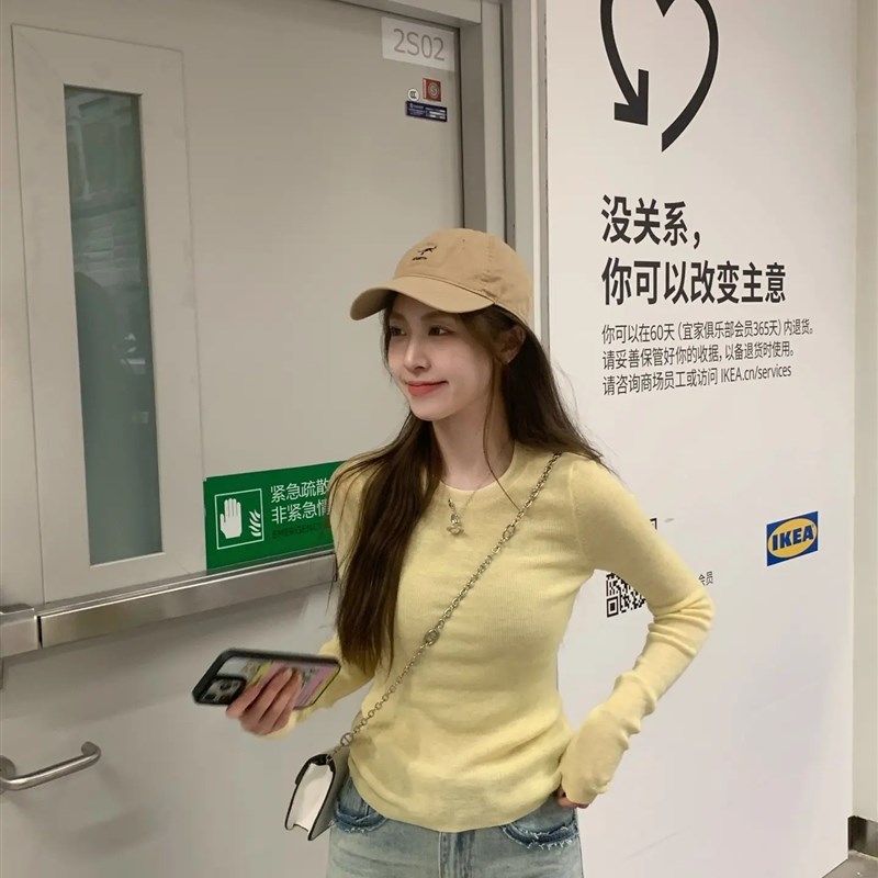 现货速发春秋2024新款薄款针织打底衫少心微透上衣软糯奶黄色毛衣