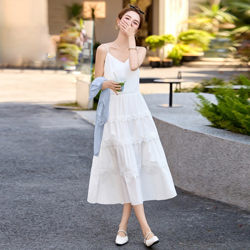 现货速发白色蕾丝吊带连衣裙套装2025款减龄宽松针织开衫甜美两件