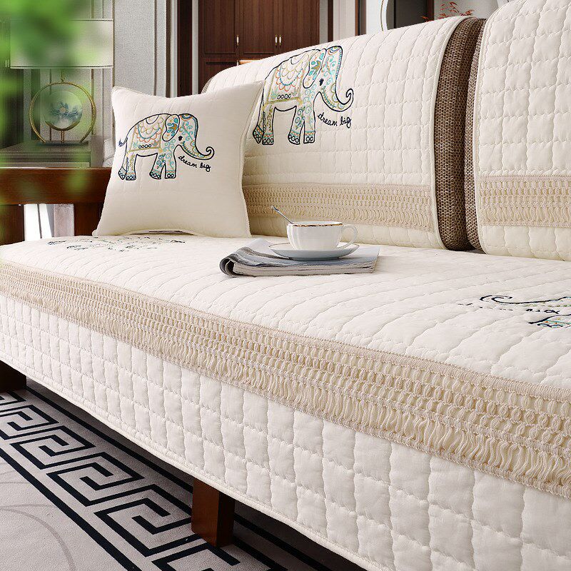 速发可批垫式沙发垫四季通用刺绣纯棉坐中靠背盖布实木新中式沙发