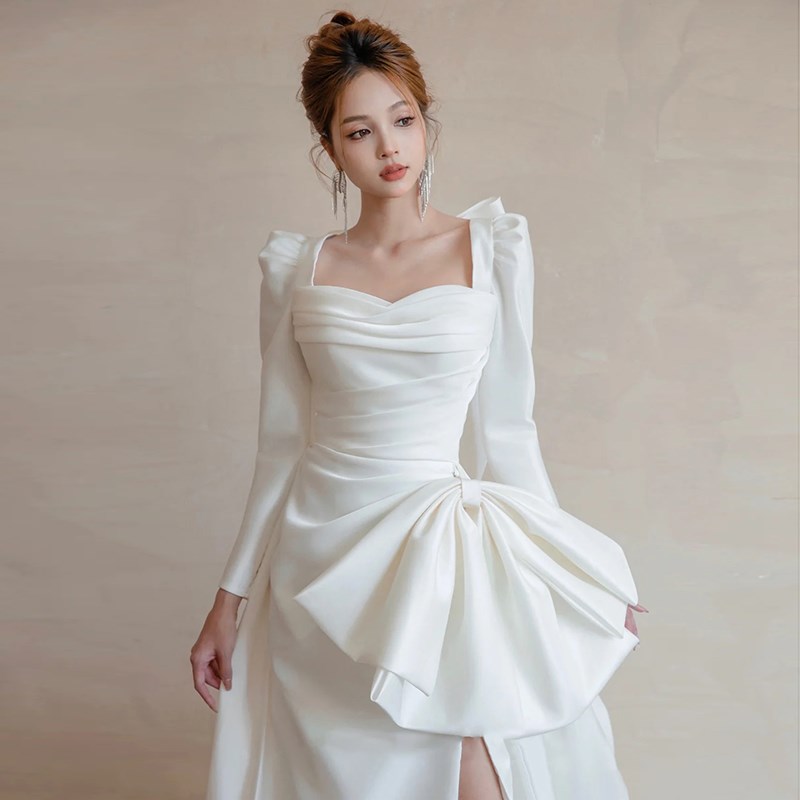 速发法式缎面轻婚纱2025新款长袖新娘高端出门纱气质轻奢白色迎宾