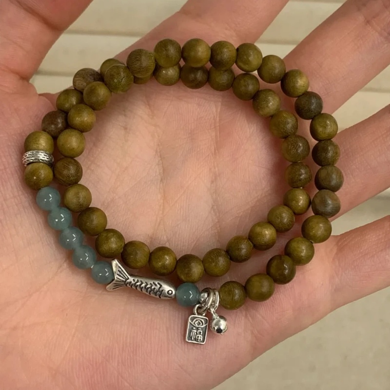 新中式福财有鱼木珠手链高级感古风双圈串珠手串简约复古小众手饰