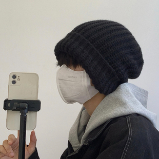毛线帽棉帽女 黑色大头加绒保暖冷帽男大码 大头围针织帽子男士 冬季