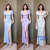 高端宴会连衣裙 开叉长裙晚礼服显瘦气质修身 2026新款 性感深V短袖