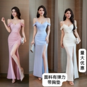 新款 性感显瘦开叉晚礼服透视减龄轻奢连衣裙 吊带露肩长裙收腰修身