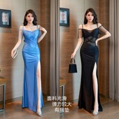 2026年纯欲性感一字肩吊带晚礼服开叉长裙显瘦宴会夜场ktv工作服