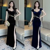 秋冬KTV公关佳丽气质夜总会性感丝绒连衣裙SPA足浴模特长裙晚礼服