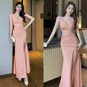 KTV露肩打底透视连衣裙深v性感长款 礼服推拿工衣公关佳丽夜店女装