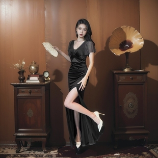 新款 显瘦长裙 秋冬丝绒晚礼服足浴按摩K歌SPA佳丽技师工衣性感修身