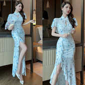 2024年新款 改良旗袍裙收腰显瘦开叉连衣裙沐足浴K歌SPA技师工作服