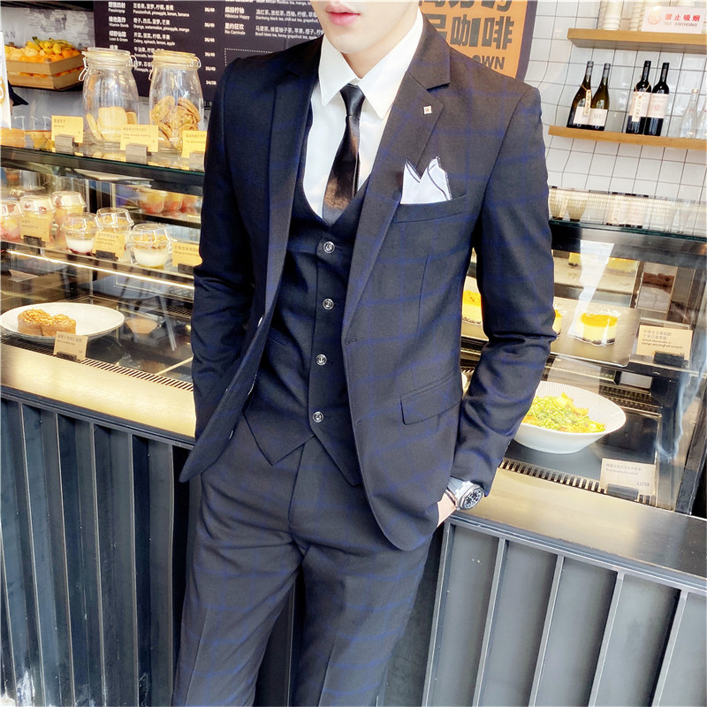 西服套装男士高档格子修身商务休闲外套新郎结婚礼服职业正装潮流