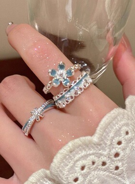 指畔生花~蓝色滴釉蕾丝花边叠戴戒指女小众设计开口可调节食指戒