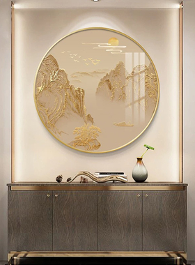 新中式玄关装饰画圆形山水灯光画