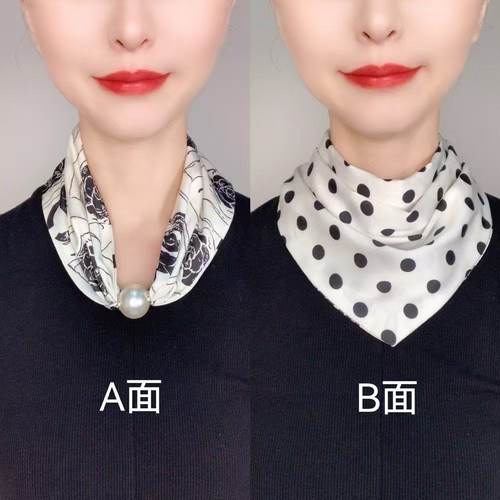 新款时尚双面印花贝珠磁扣护颈项链巾三角巾多样戴发围脖围巾丝巾