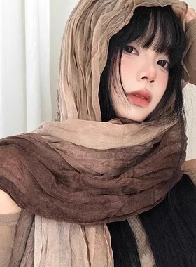 民族风围巾废土风亚麻褶皱渐变头巾沙漠丝巾凹造型辣妹围脖披肩潮
