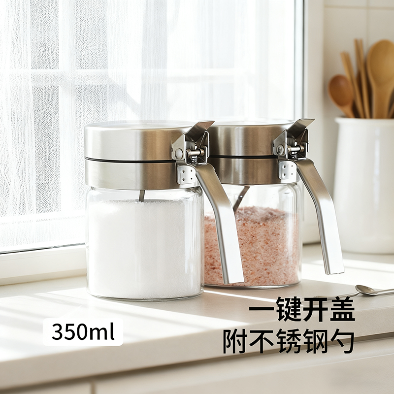 调料盒家用厨房高端新款一按开盖调料瓶带盖玻璃食品级盐罐调料罐