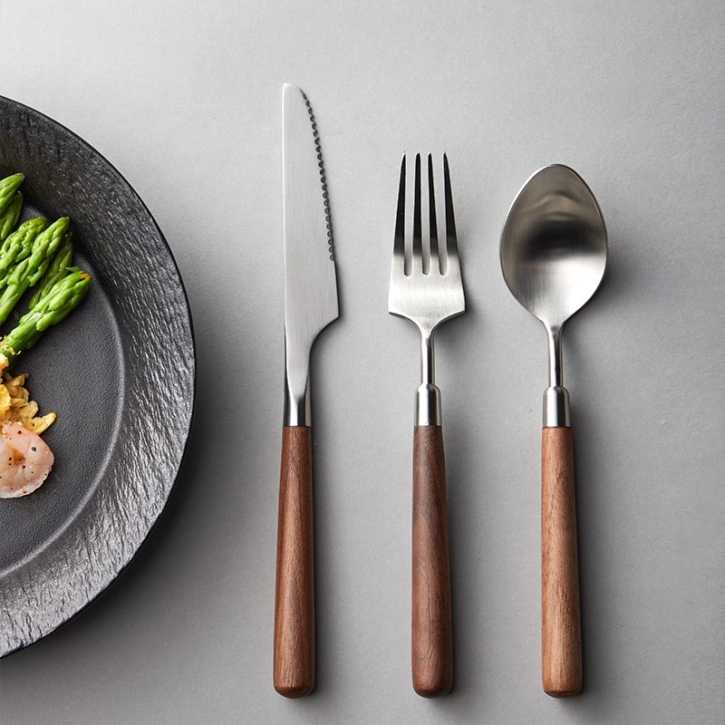 复古日式304不锈钢西餐餐具甜品勺子黑胡桃木牛排刀叉勺三件套装