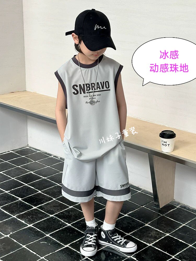 大童无袖速干篮球服套装冰感动感珠地韩灰色运动背心短裤两件套