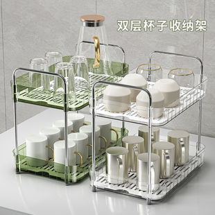 杯子收纳置物架双层茶杯茶具架沥水托盘家用桌面分层零食储物架