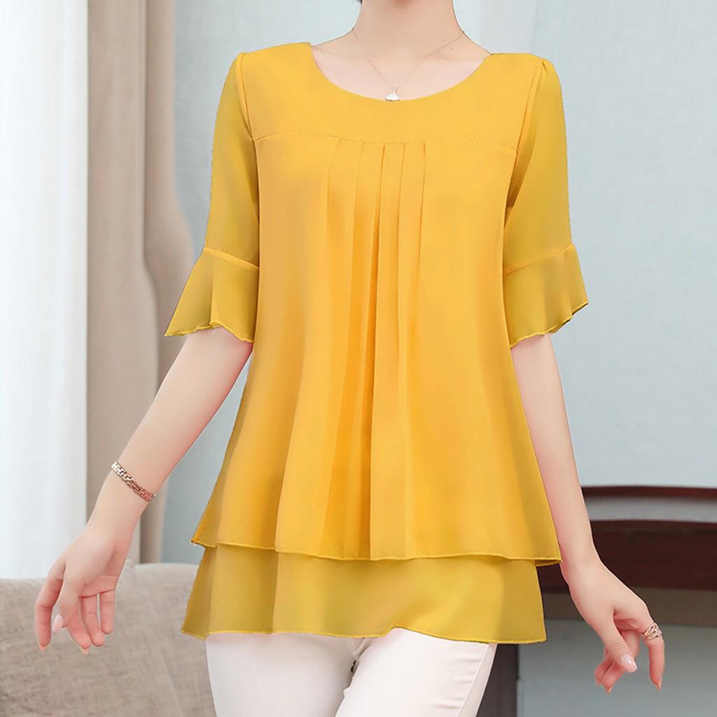 Lady Solid Color Blouse Women Yellow Fashion Top Chiffon Sho