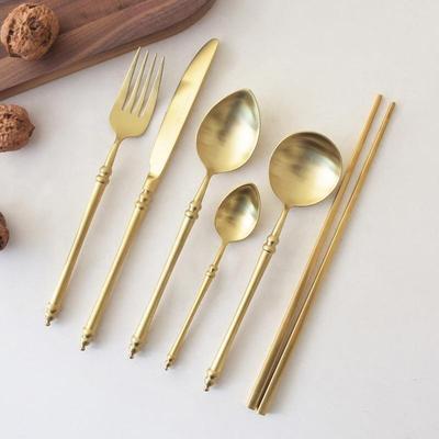 Knife Fork Spoon Set with Chopsticks Gold Bamboo Design