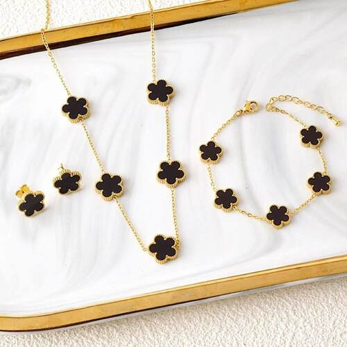 3Pcs 18k Gold-Plated Five-Leaf Flower Necklace Earrings Brac