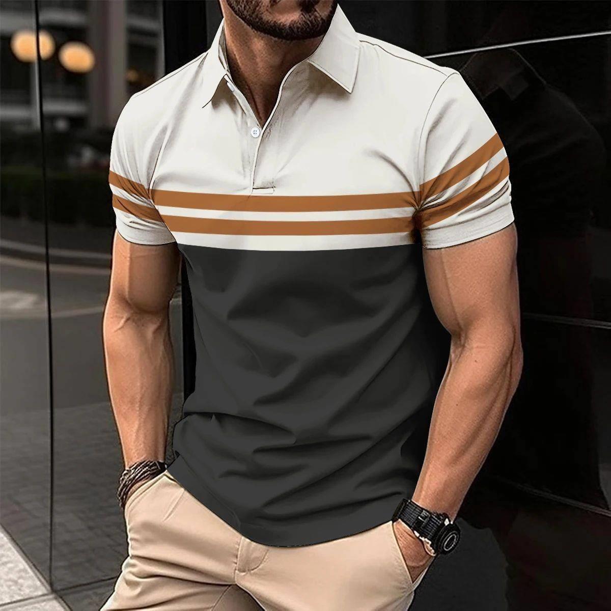New Summer Men Short Sleeved Shirt Fashion Splice Stripe Pr