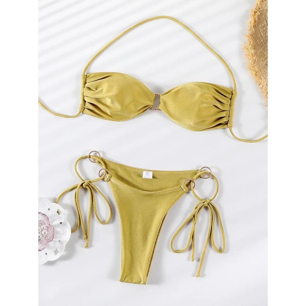 Solid Color Bikinis Push Up Swimwear Women Halter Bikini Set